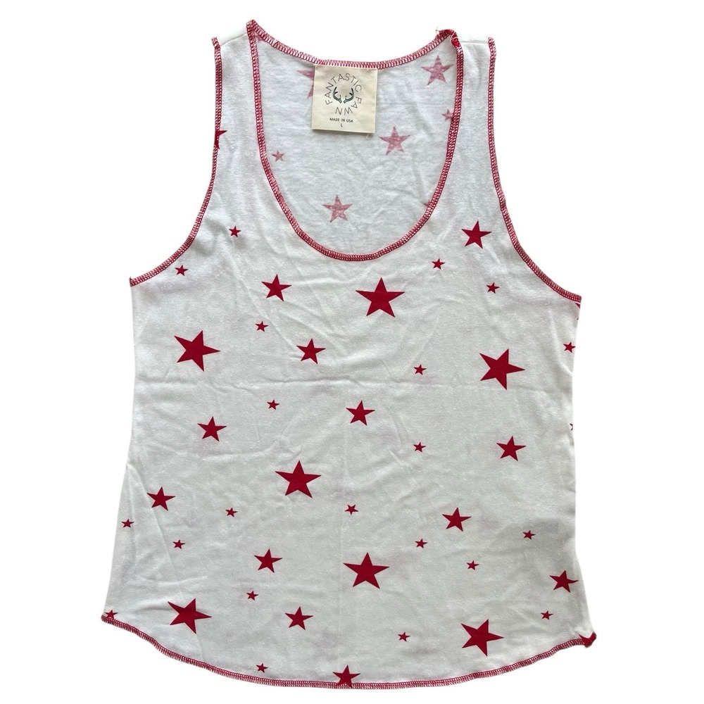 Fantastic Fawn Women L White Red Star Prnt Tank Top Contrast Stitch USA Festival